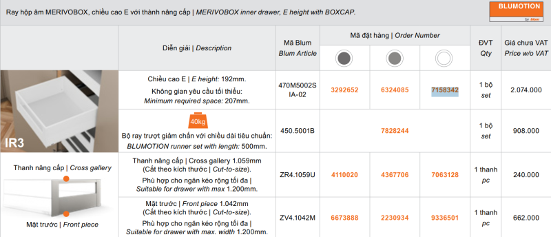Ray Hộp Âm BLUM MERIVOBOX IR3