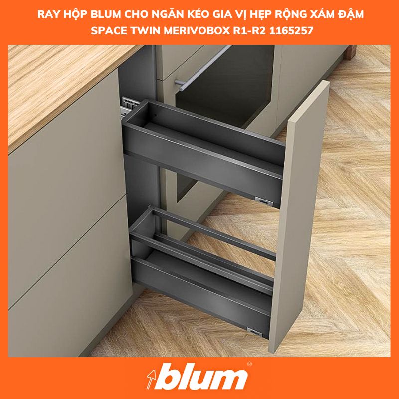Ray Hộp Blum Cho Ngăn Kéo Gia Vị Hẹp Rộng 150-300mm Xám Đậm SPACE TWIN MERIVOBOX R1-R2 1165257 Ray Hop Blum Cho Ngan Keo Gia Vi Hep Rong 150 300mm Xam Dam SPACE TWIN MERIVOBOX R1 R2 1165257
