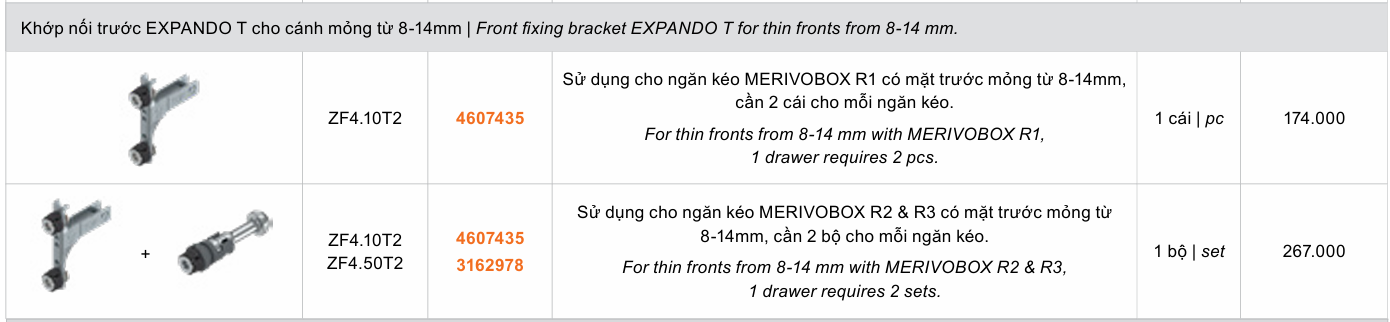 Khớp Nối Trước Ngăn Kéo MERIVOBOX R1 Có Mặt Trước Mỏng Từ 8-14mm ZF4.10T2 4607435 1 merivobox