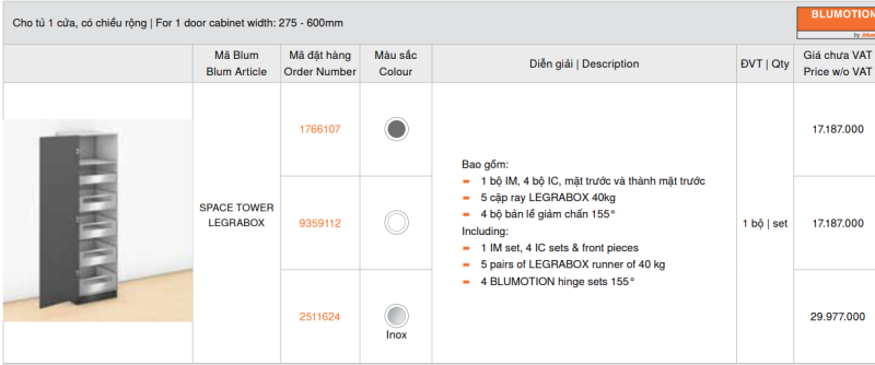Tủ Đồ Khô Blum SPACE TOWER LEGRABOX 2511624 Inox, Rộng 275 -600mm 1 tu do kho blum space tower legrabox 4846341 inox rong 601 1 200mm01686811630 3