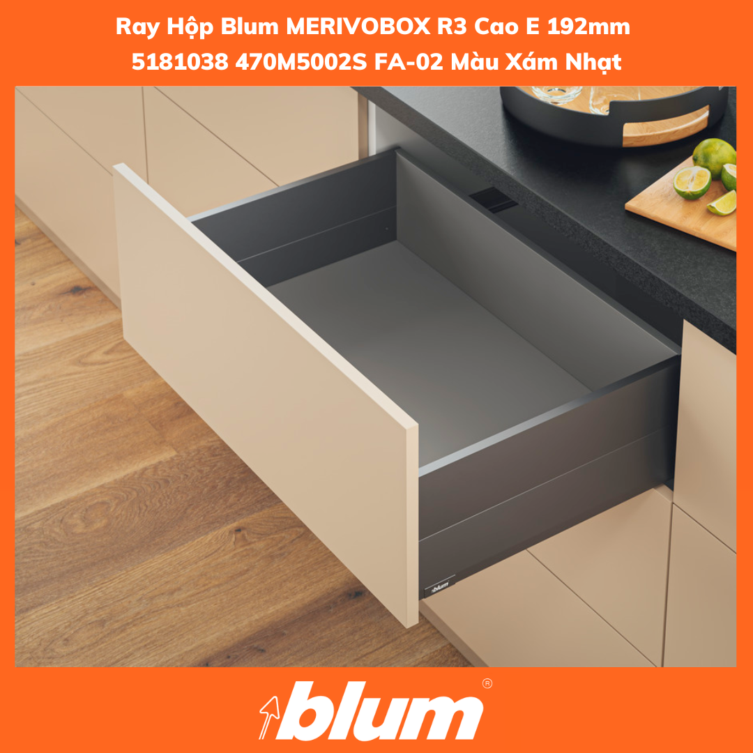 Ray Hộp Blum MERIVOBOX R3 Xám Nhạt Cao E 192mm 5181038 470M5002S FA-02 Ray Hộp Blum MERIVOBOX R3 Xám Nhạt Cao E 192mm 5181038 470M5002S FA-02