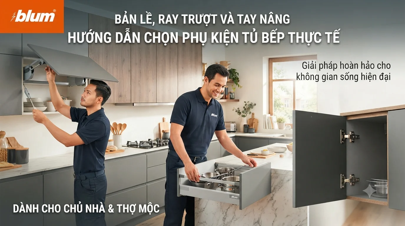 Bản lề, ray trượt và tay nâng: Hướng dẫn chọn phụ kiện tủ bếp thực tế cho chủ nhà và thợ mộc 4 Bản lề Blum, ray trượt Blum, tay nâng Blum hướng dẫn chị phụ kiện phù hợp cho chủ nhà và thợ mộc