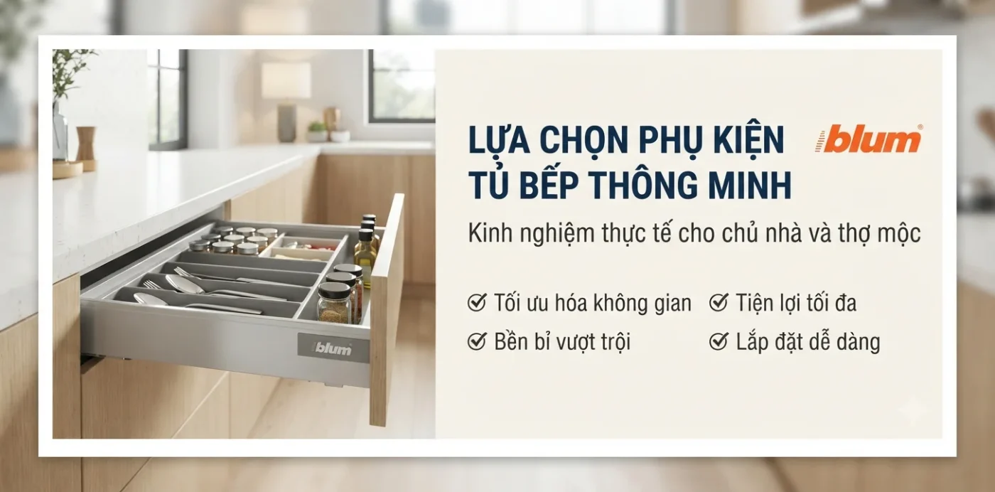 Lựa chọn phụ kiện tủ bếp Blum thông minh để tối ưu không gian, bền bỉ và giàu kinh nghiệm thực tế cho chủ nhà và thợ mộc