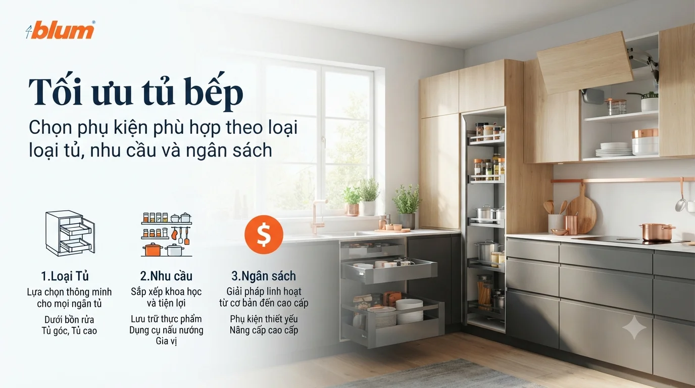 Tối ưu tủ bếp: Chọn phụ kiện phù hợp theo loại tủ, nhu cầu và ngân sách 8 Căn bếp sử dụng phụ kiện Blum như tủ đồ khô và ray hộp tay nâng Blum phù hợp nhu cầu ngân sách
