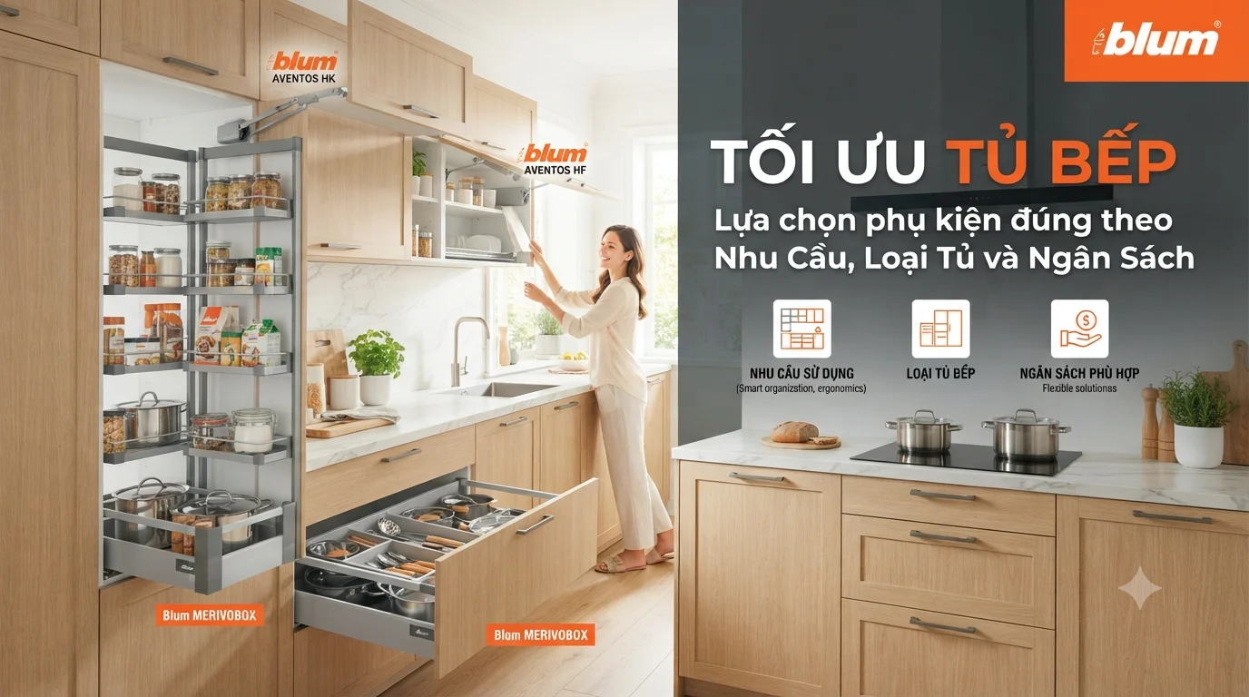 tối ưu tủ bếp với phụ kiện Blum phù hợp nhu cầu sử dụng và ngân sách cho gia đình