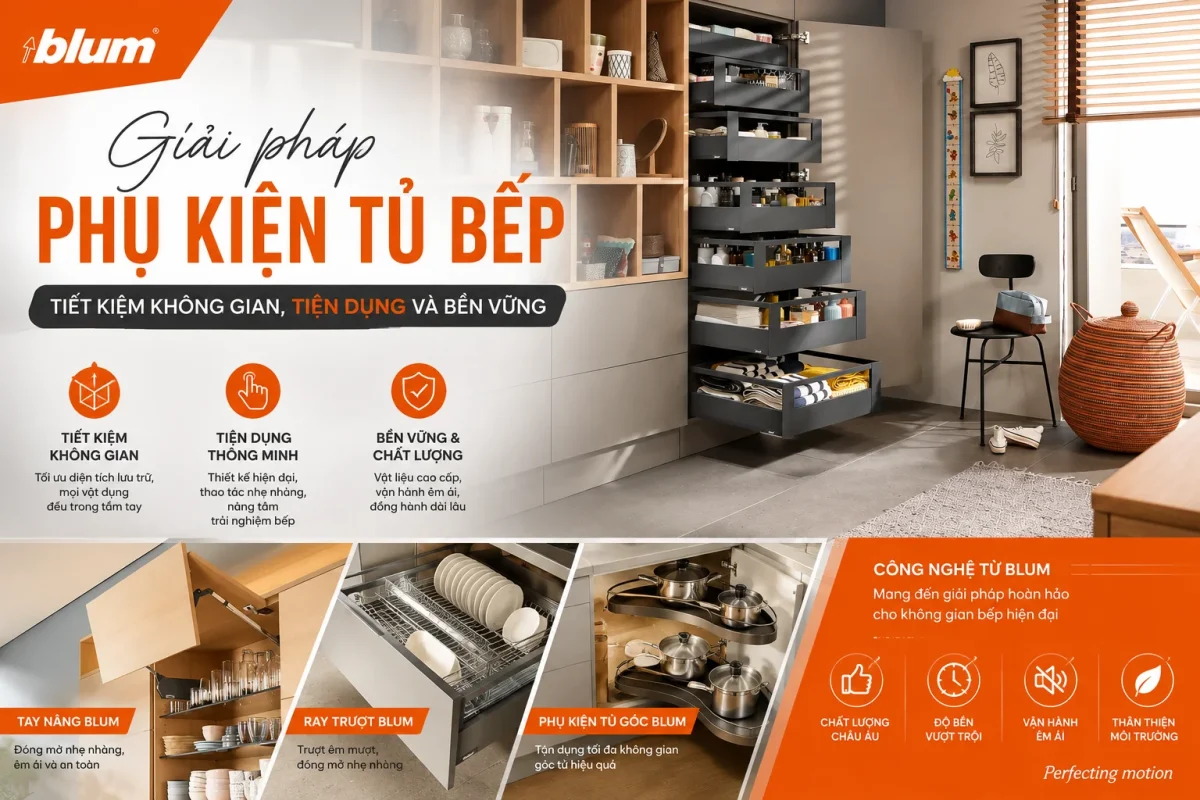 Giải pháp phụ kiện tủ bếp: Tiết kiệm không gian, tiện dụng và bền vững 7 các giải pháp căn bếp mà Blum mang lại như tủ đồ khô, ray hộp, tay nâng Blum