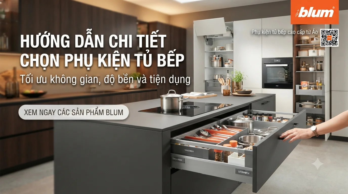 Hướng dẫn chi tiết chọn phụ kiện tủ bếp: Tối ưu không gian, độ bền và tiện dụng 9 Hướng dẫn chọn chi tiết phụ kiện Blum tối ưu khôn gian