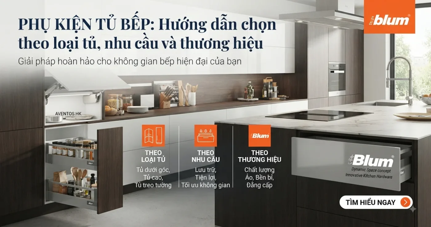 Phụ kiện tủ bếp: Hướng dẫn chọn theo loại tủ, nhu cầu và thương hiệu 3 Căn bếp Blum với lựa chọn theo như cầu và thương hiệu Blum